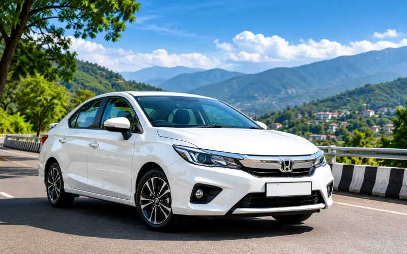 White sedan taxi on scenic hill road for Dehradun Airport taxi service with safe and comfortable travel