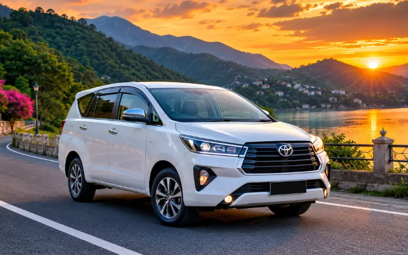 White SUV taxi on scenic road at sunset for Dehradun Airport taxi service with comfortable and reliable travel