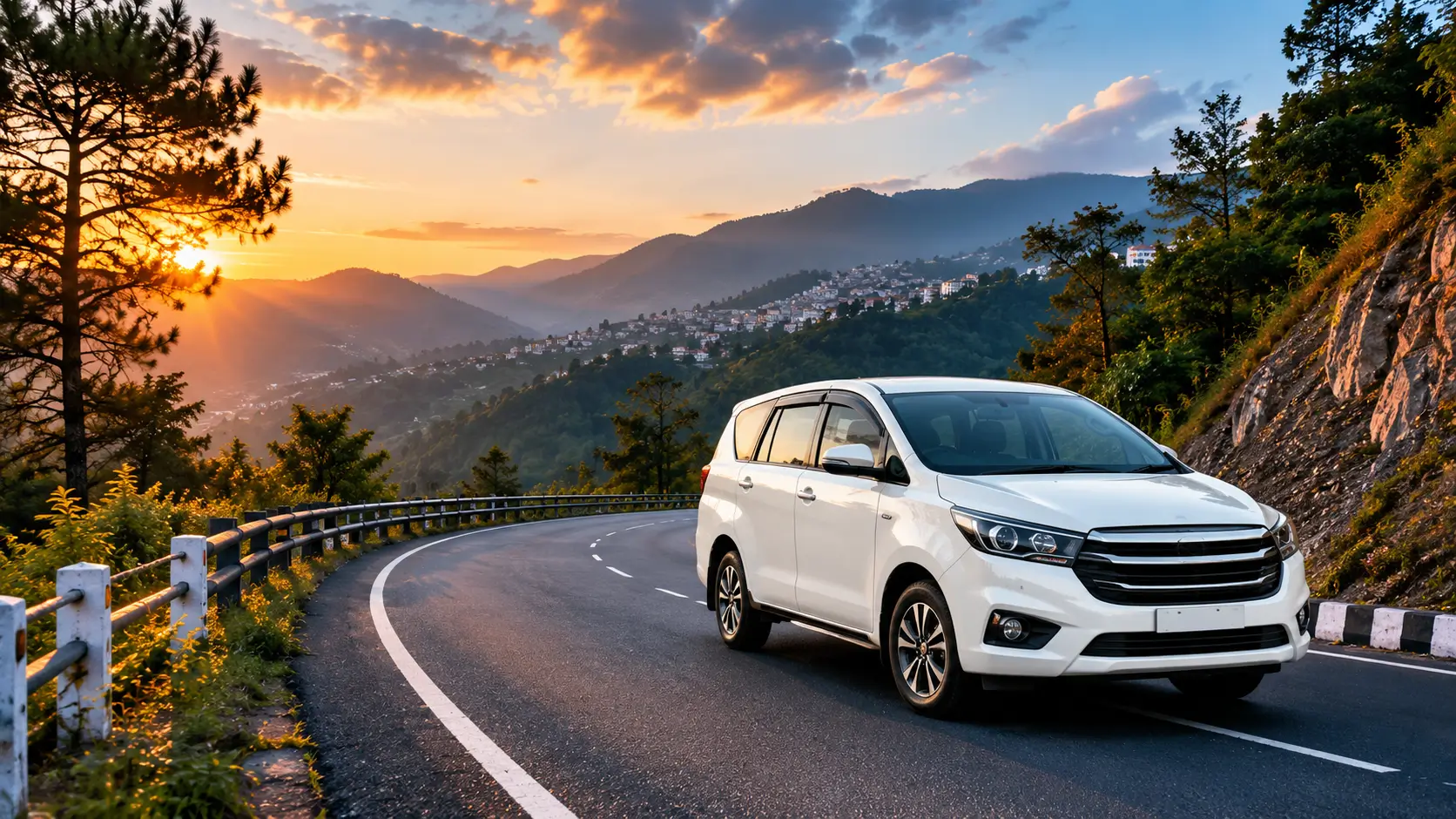 White taxi for Dehradun Airport to Mussoorie taxi service on clean road route