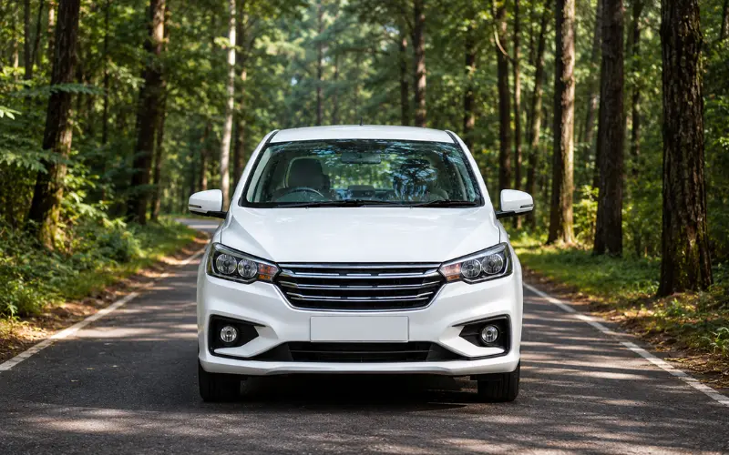 White taxi on forest road for Dehradun Airport to Rishikesh taxi service with scenic nature route