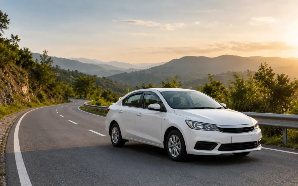 Dehradun airport to Rishikesh taxi on scenic hill road with white sedan and mountain view
