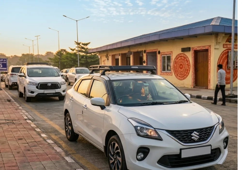 White Maruti Baleno taxi parked in morning light showing how much does a taxi cost in Dehradun.