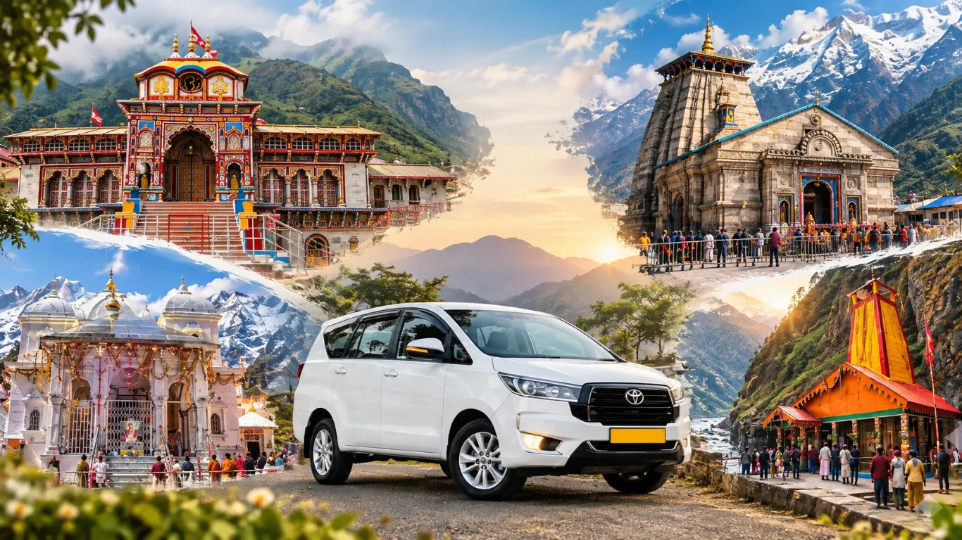 White Innova taxi surrounded by Badrinath Kedarnath Gangotri Yamunotri temples for Dehradun Airport to Chardham Yatra