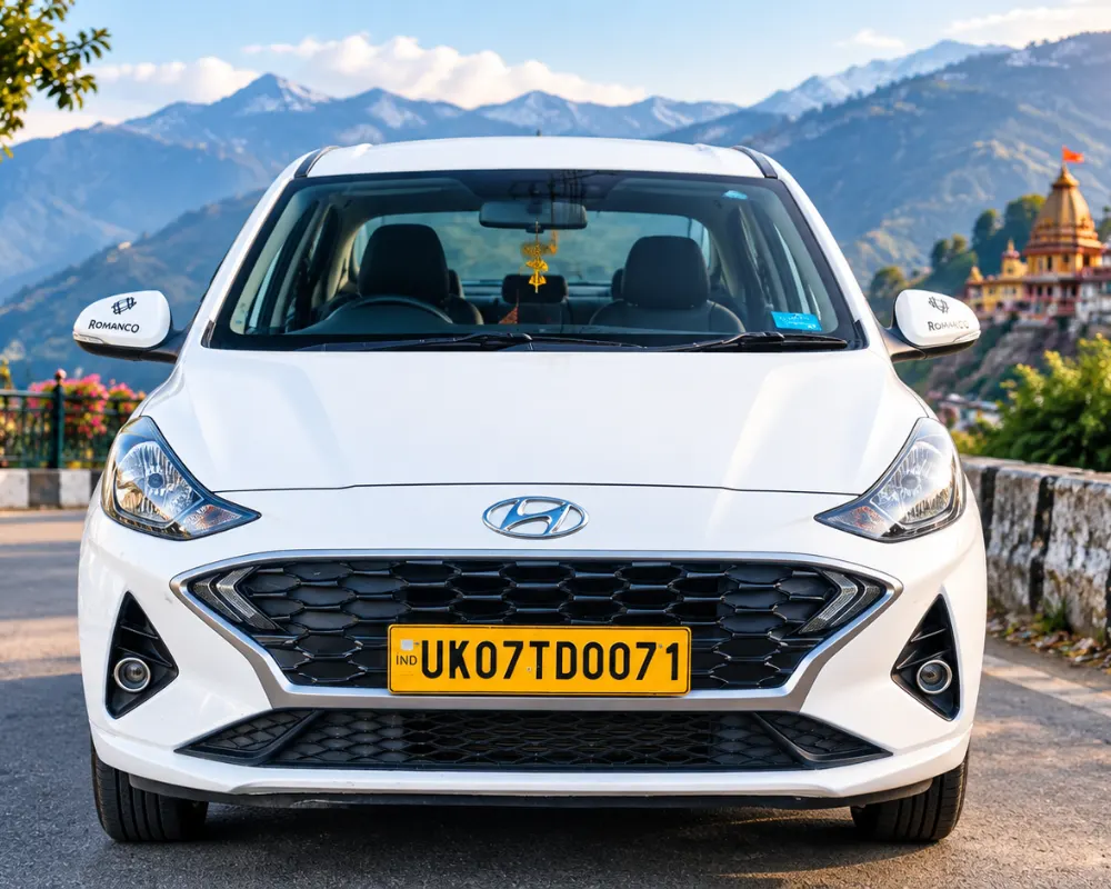 White Hyundai Aura sedan commercial taxi parked on mountain road for Dehradun Airport to Chardham Yatra cab booking