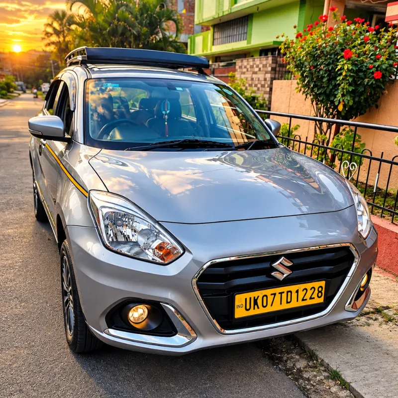 Silver Maruti Dzire sedan taxi with luggage roof rack parked at sunset for Dehradun Airport to Chardham Yatra route
