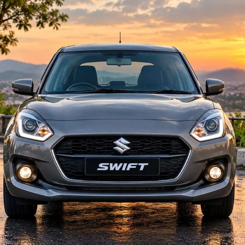 Grey Maruti Swift hatchback cab front view at sunset for Dehradun Airport to Chardham Yatra taxi service