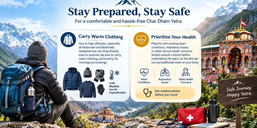 Infographic outlining health precautions warm clothes and medical prep for Dehradun Airport to Chardham Yatra pilgrims